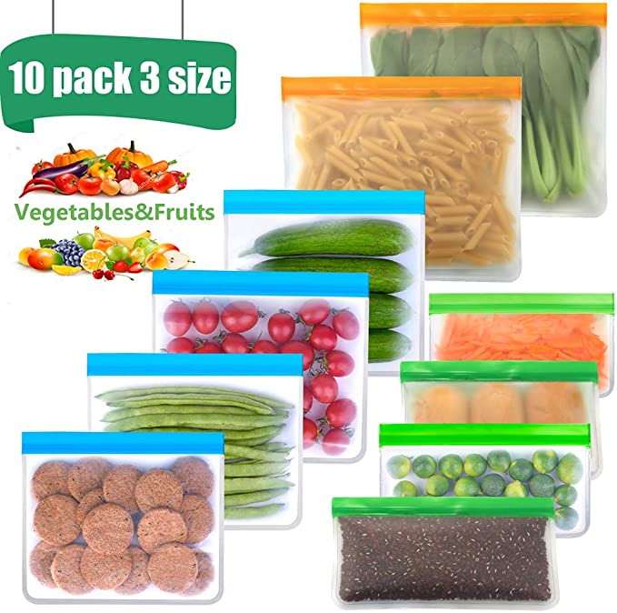 Reusable Storage Bags -10 Pack Reusable Freezer Bags(2 Reusable Gallon Bags&4 BPA FREE Reusable Sandwich Bags&4 Leakproof Reusable Snack Bags) FDA Food Grade-Ziplock Lunch Bags for Food Meat Fruit