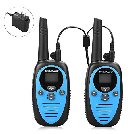 22 Channel FRS GMRS Dual Band 2 Way Radio Long Range Up to 3000M/1.9MI Range (MAX in Open Field) Excelvan UHF Handheld Walkie Talkie with 1-to-4 Branch Power Adapter (2 Pack, Blue)