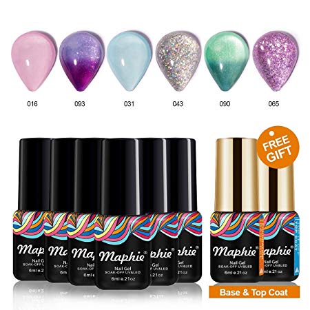 Maphie Gel Nail Polish Sets - 6 Colours Pastel Glitter Colour Including 2 Changing Gel UV LED Soak Off Gel Varnish Manicure with FREE TOP BASE COAT SET 6ml