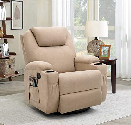 Flamaker Rocking Chair Recliner Chair with Massage and Heating 360 Degree Swivel Ergonomic Lounge Chair Classic Single Sofa with 2 Cup Holders Side Pockets Living Room Chair Home Theater Seat (Beige)