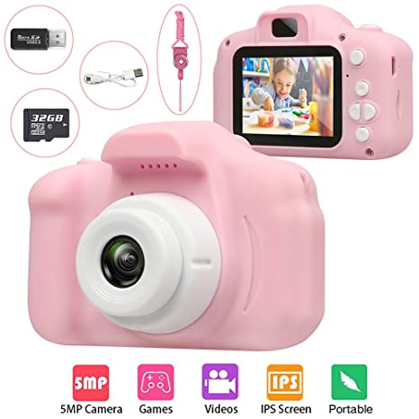 Kids Digital Camera, HOOGC Toy Gifts for 3-10-Year-Old Children, Mini Rechargeable Children Camera.Child Camcorder Video Recorder 1080P IPS 2.0 Inch with 32G TF Card