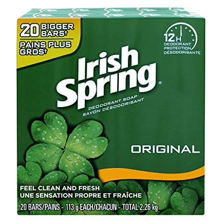 Irish Spring Deodorant soap, Feel Clean and Fresh, Original - 3.99 Oz Each Bar x 20 Bars - Total 4.98 Lb