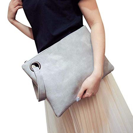 Hunputa Women Leather Handbag Clutch Evening Bag Simple Retro Envelope Package (Gray)