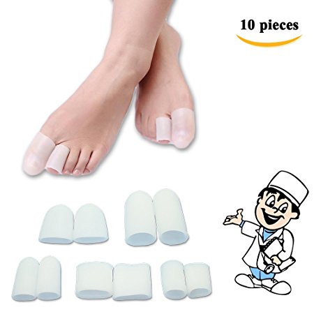 Sumifun 10 Pcs/Bag Toe Protector For Foot Corns Remover and Reduce Blisters & Callus, Silicone Gel Soft Finger Toe Caps Sleeves, Foot Bunion Pain Relief and Hammer Toes Foot Care Tools (5 sizes)