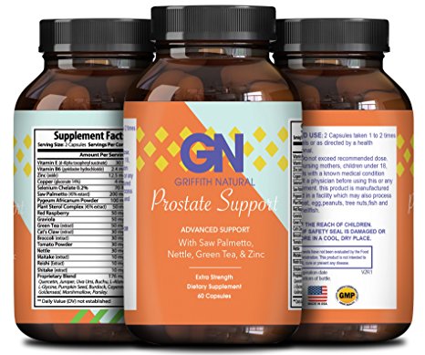 Prostate Support Supplement for Health - Copper   Zinc   Saw Palmetto   Vitamin B6 - Increase Libido - Reduce Frequent Urination - With Pygeum   L-Glycine   Pumpkin Seed Extract - By Griffith Naturals