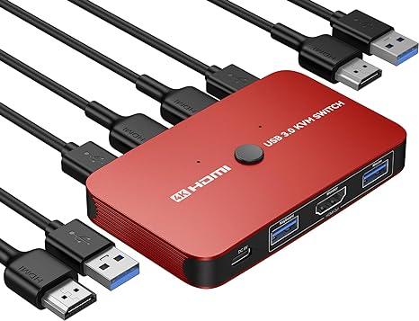 ABLEWE KVM Switch, Aluminum KVM Switch HDMI,USB Switch for 2 Computers Sharing Mouse Keyboard Printer to One HD Monitor, Support 4K@60Hz,2 HDMI Cables and 2 USB Cables Included (Red)