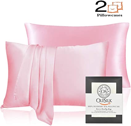 OLESILK 100% Mulbery Silk Pillowcase 2 Pack with Hidden Zipper for Hair and Skin Beauty,Both Sides 19mm Charmeuse - Pink, Standard