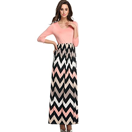 ANGVNS Womens Fashion 3/4 Sleeve Casual Contrast Color Striped Chevron Maxi Dress