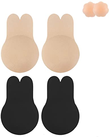 Adhesive Bra Invisible Strapless Backless Breast Lift Nipplecovers Sticky Bra Rabbit's Ears 2 Pairs Nude and Black