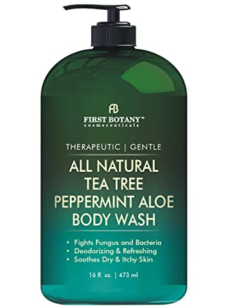 First Botany All Natural Tea Tree Body Wash - Fights Body Odor, Athlete’s Foot, Jock Itch, Dandruff, Acne, Eczema, Yeast Infection, Shower Gel for Women & Men, Peppermint Aloe Skin Cleanser 16 oz