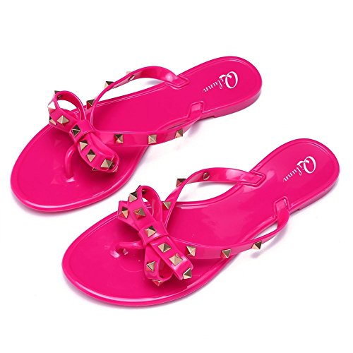 Qilunn Womens Bow Flip Flop Sandals,Jelly Thong Flat Sandals Summer Beach Shoes with Rubber Rivets Bowtie Flip Flops