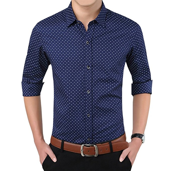 YTD Mens 100% Cotton Casual Slim Fit Long Sleeve Button Down Printed Dress Shirts