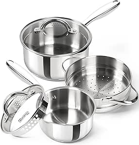 MICHELANGELO Stainless Steel Sauce Pot Set with Steamer 5Pcs, 18/10 Saucepan Set with Pour Spout & Strainer Glass Lids, Sauce pan with Triply Bottom Induction Compatible - 1QT & 2QT