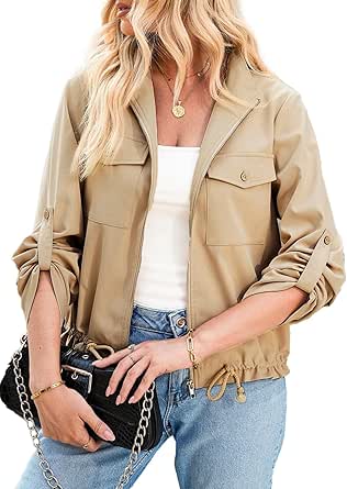 EVALESS Womens Zip Up Jacket Roll Tab Sleeve Flap Pocket Drawstring Hem Utility Lightweight Cropped Jackets