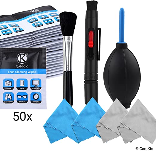 Camera Lens Cleaning Kit - Air Blower, Cleaning Brush, 2in1 Lens Cleaning Pen, 50 Individually Wrapped Wet Tissues and 4 Microfiber Cloths - Keeps Your DSLR, Compact Camera or Action Camera Lens Spotless