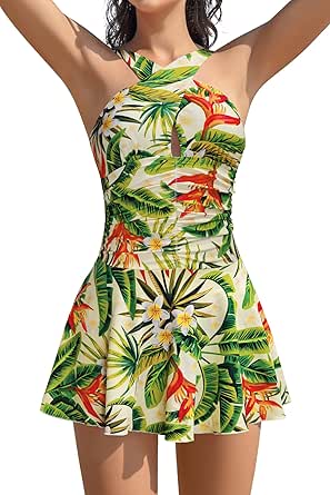 SHEKINI Women's Crossover Ruched Skirt One Piece Swimdress Tummy Control Swimsuit Bathing Suit