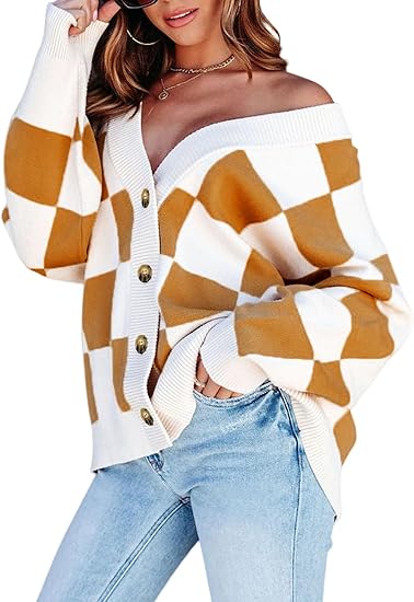 Dokotoo Womens Plaid V Neck Button Down Long Sleeve Cable Knit Oversized Cardigan Sweaters Tops