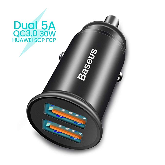 Baseus Car Charger, Car Adaptor with Quick Charge 3.0, 30W Dual QC3.0 USB Port for Samsung Galaxy Note9 / Note8/ S9 / S8 / S8 , Huawei Mate20 Pro, LG G6 / V30, HTC 10 and More – Black