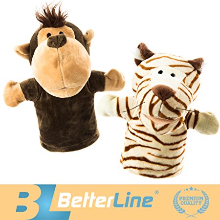 Animal Hand Puppets Set Of 2 by BetterLine - Premium Quality, 9.5 Inches Soft Plush Hand Puppets For Kids- Perfect For Storytelling, Teaching, Preschool, Role-Play Toy Puppets (Monkey and Tiger)