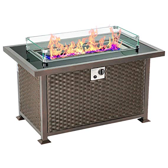 U-MAX 44in Outdoor Propane Gas Fire Pit Table, 50,000 BTU Auto-Ignition Gas Firepit with Glass Wind Guard, Black Tempered Glass Tabletop & Blue Glass Stone, Aluminum Frame&PE Rattan, CSA Certification