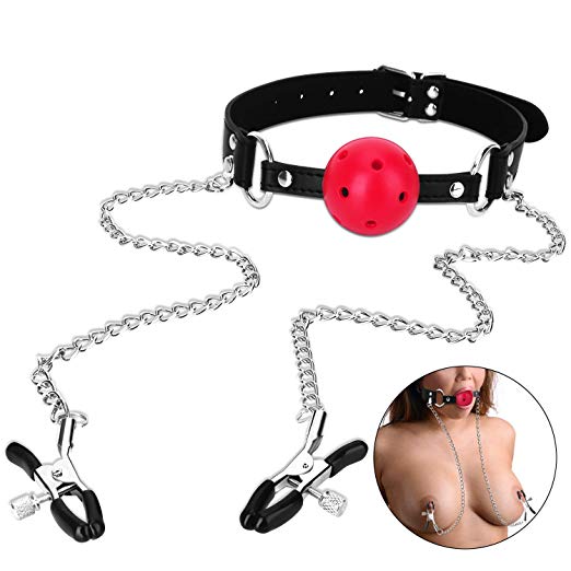 Ball Gag with Nipple Clamps - SEXY SLAVE Breathable Ball Gag with Adjustable Nipple Clips, Leather Strap Fantasy SM Nipple Teasers Breast Sensual Bondage Sex Toy
