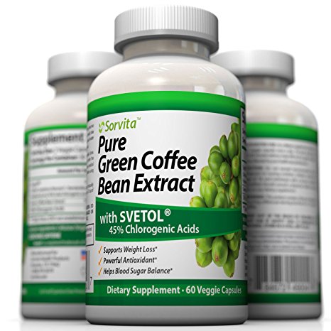 Sorvita Pure Green Coffee Bean Extract with Svetol® Weight Loss Supplement - 60 Veggie Capsules. 800 mg Per Serving ~ 50% Chlorogenic Acid for Best Natural Diet Support ~ Money Back Guarantee