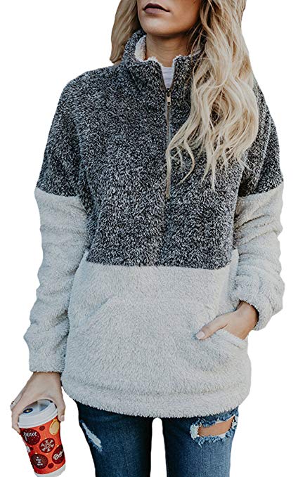 Angashion Womens Sweatshirt - Long Sleeve 1/4 Zip Up Faux Fleece Pullover Hoodies Coat Tops Outwear with Pocket