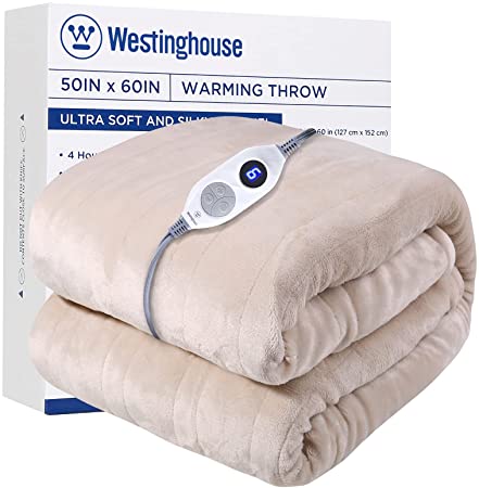 Westinghouse Electric Blanket Heated Throw Soft Silky Microplush Flannel Heating Blanket 50"x60", 6 Heat Settings & 4 Hours Auto Off, Machine Washable, Beige