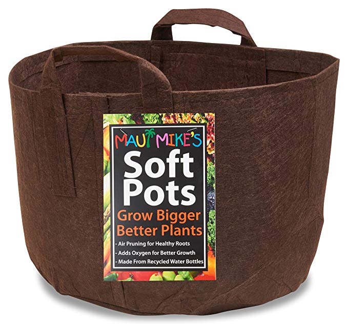 SOFT POTS (7 GALLON) BEST FABRIC AERATION GARDEN POTS FROM MAUI MIKE'S. THICKER FABRIC AND SEWN HANDLES FOR EASY MOVING. GREAT FOR TOMATOES, VEGGIES AND FLOWERS. FASTER GROWING PLANTS AND MORE FRUIT.