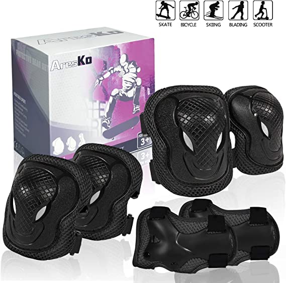 AresKo Kids/Youth Protective Gear Set, Kids Knee Pads and Elbow Pads Wrist Guard Protector 6 in 1 Protective Gear Set for Scooter, Skateboard, Bicycle, Inline Skating