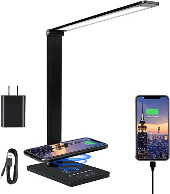 Zikebtuy LED Desk Lamp with Wireless Charger, USB Charging Port, 5 Lighting Levels & 5 Lighting Modes, 0.5/1h Auto-Off Timer, Touch Control, Eye-Caring Desk Light with Adapter for Home Office, Black