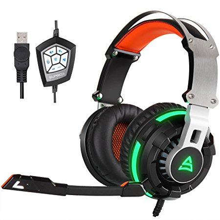 [2016 SUPSOO G800 USB Gaming Headset] Wired Surround Bass Stereo PC Computer Over Ear Gaming Headset with Rotating Microphone Noise Canceling Vibration Tuner Function and LED Light(black)