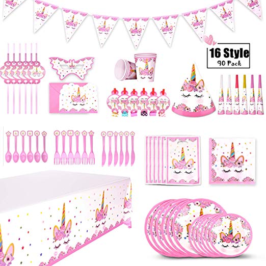 Unicorn Party Supplies - XREXS 16 Style Unicorn Birthday Party Supplies Pack,Birthday Party Decorations,Princess Party Decorations,Baby Shower