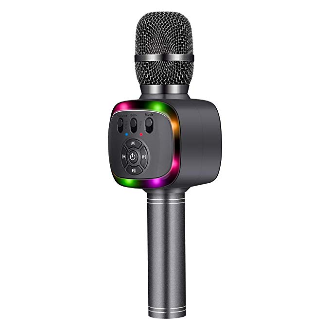 BONAOK 6-in-1 Wireless Bluetooth Karaoke Microphone,with Duet Sing,Accompaniment&Multi-color LED Lights,Portable Handheld Party Karaoke Machine Speaker Mic for iPhone/Android/PC(Space Grey 2)