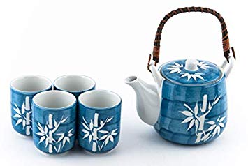 Japanese Asian Lucky Bamboo Blue and White Design Tea Set Ceramic Teapot with Strainer, Rattan Handle and 4 Tea Cups