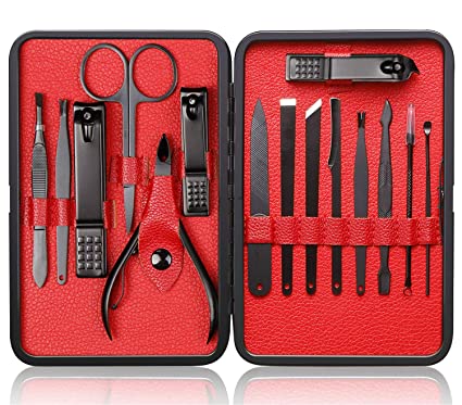 AE.MELAN Manicure Kit Nail Clippers Set Stainless Steel Professional Pedicure Black 15 Pieces Grooming Scissors Cutter Ear Pick Tweezers Scissors Eyebrow File for Man&Women Gift (Red/Black_15 Pieces)