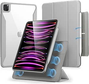 ESR for iPad Pro 12.9 Inch Case (2022/2021), iPad Pro 12.9 Case 6th/5th Generation with Pencil Holder, Detachable Magnetic Cover, Vertical Stand, Auto Wake/Sleep, Rebound 360 Series, Grey