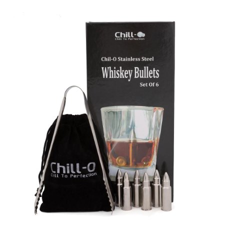 Chill-O Stainless Steel Whiskey Bullets- Set of 6 with tongs and pouch- Whiskey Chillers - Wine Chillers Vodka Chillers-Champagne Chillers And Spirits Chillers
