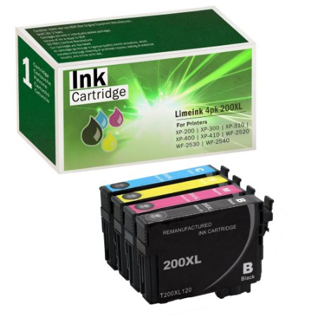 Limeink© 4 Pack Remanufactured 200XL Ink Cartridges (1 Black, 1 Cyan, 1 Magenta, 1 Yellow) Use for Epson Expression XP200 XP300 XP310 XP400 XP410 Workforce WF2520 WF2530 WF2540 Series Printers T200xl