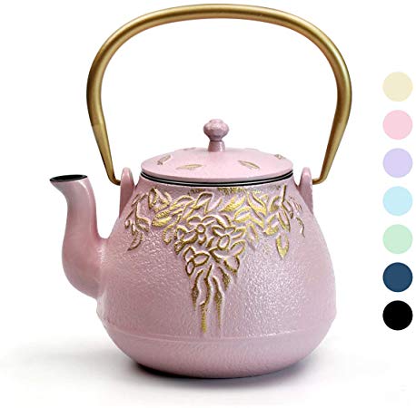 Cast Iron Teapot, TOPTIER Japanese Cast Iron Teapot with Infuser, Cast Iron Tea Kettle Stovetop Safe, Leaf Design Tea Kettle Coated with Enameled Interior for 32 Ounce (950 ml), Blush Pink