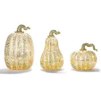 LampLust Gold Pumpkin Centerpiece with LED Lights - Set of 3, Mercury Glass Style, Fall, Autumn, Halloween & Thanksgiving Decorations, Batteries and Timer Included