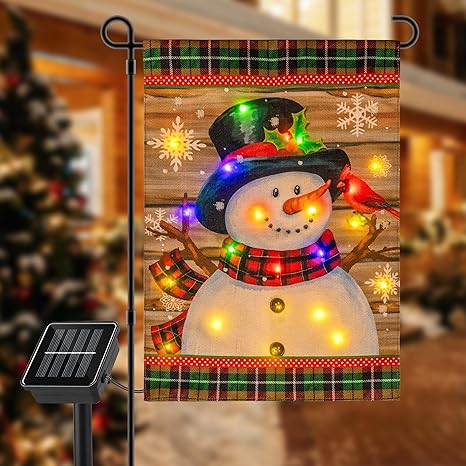 Qunlight Lighted Winter Garden Flag Without Flag Pole, 12x18 inch LED Christmas Snowman Flag for Outside, Vertical Double Sided Garden Outdoor Flag Outside Seasonal Home Yard Garden Lawn Decoration