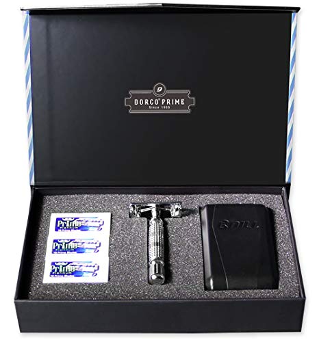 Dorco Prime Starter Set: Double Edge Safety Butterfly Shaver Handle, 30 Double Edge Razor Blades and Travel Case