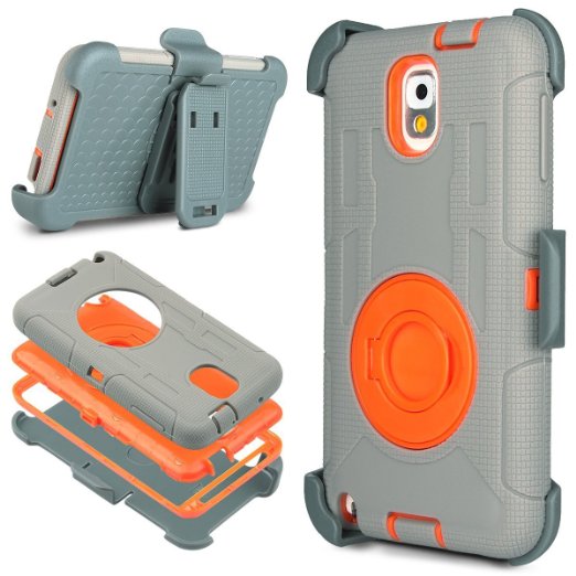 Note 3 Case Galaxy Note 3 Case - ULAK Shockproof Hybrid Rugged Rubber Holster Case Cover for Samsung Galaxy Note 3 N9000 w Swivel Locking Belt Clip Kickstand OrangeGrey