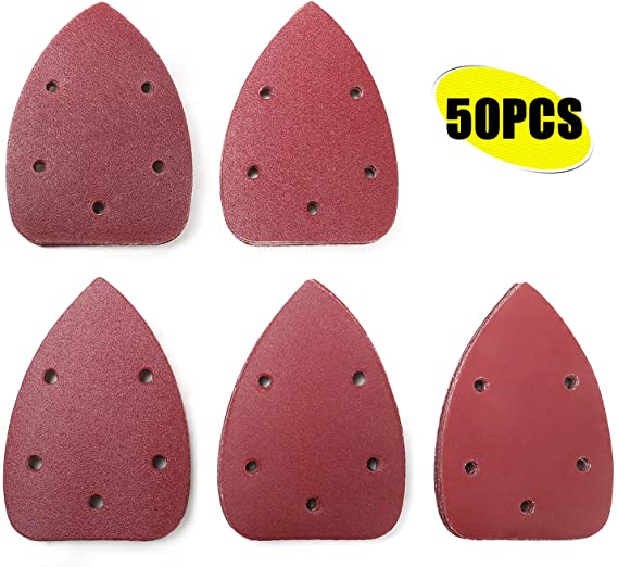 TACKLIFE Mouse Detail Sander Sandpaper 50Pcs Hook and Loop 5-Hole Sandpaper 80/100/120/180/240 Grits Assorted Sanding Paper for Mouse Detail Sander - ASD2B