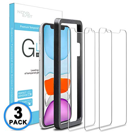Novaeast Screen Protector for iPhone 11 (6.1-Inch 2019) Tempered Glass Screen Protector with Easy Install Frame, 3-Pack