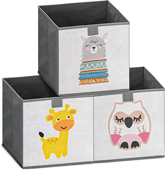 Navaris Kids Storage Cubes (Set of 3) - Storage Boxes 11x11x11 with Animal Designs - Children's Cube Bins Fabric Organizer Bin - Alpaca/Giraffe/Owl