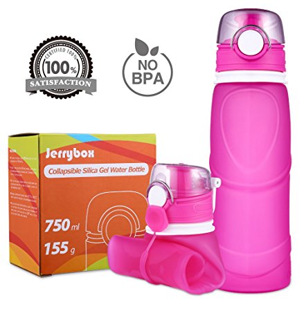 Jerrybox Collapsible Water Bottle - 750ml, Silica Gel, Medical Grade, BPA Free, FDA Approved, Leak Proof Silicone Foldable Sports Bottle, for Sports, Outdoor, Travel, Camping, Picnic(26 oz) (Fuchsia)