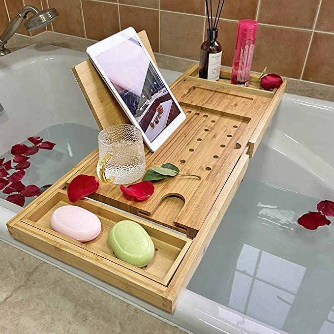 Wide and Large Bamboo Bath Caddy Tray Wooden Bathtub Adjustable Holder & Organizer for Glass/Soap/Notepad/Mobile/Bathroom Toiletries, Removable Boards Extendable