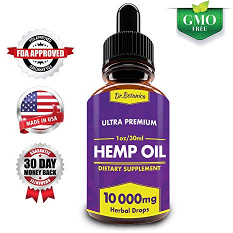 Hemp Oil Drops, 10000mg, Full Spectrum, 100% Organic, Natural CO2 Extracted, Pain, Stress, Anxiety Relief, Aids Sleep, Vegan